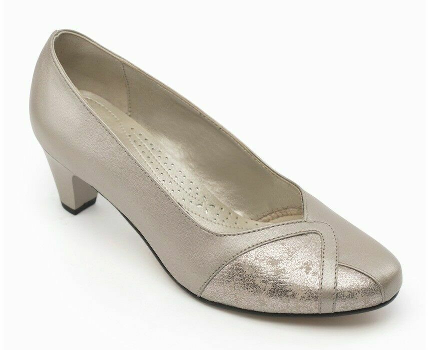 Padders Joanna Ladies Stone Beige Leather EXTRA WIDE EE FIT Low Heel Court Shoes