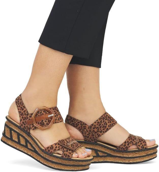 Rieker 68716 Ladies Brown Leopard Touch Fasten Mid Wedge Slingback Sandals