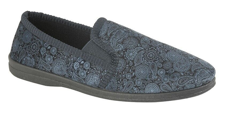 Sleepers Monty Mens Navy Blue Velour Paisley Patterned  Comfort Full Slipper With Twin Gusset