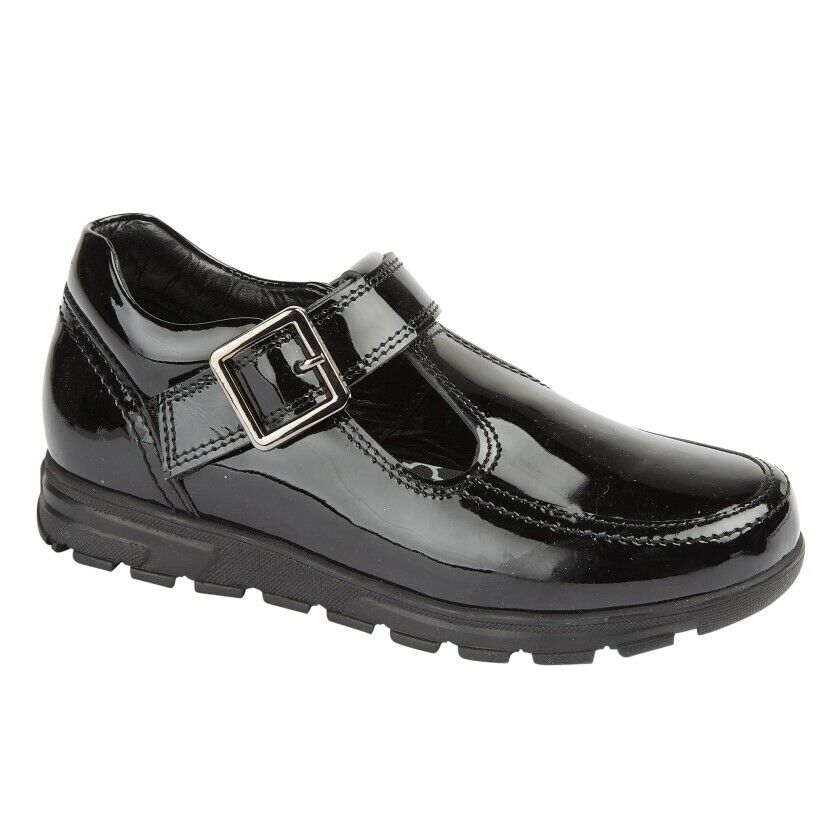 Roamers G716 Girls School Shoes Black Patent Leather Velcro T Bar Memory Foam