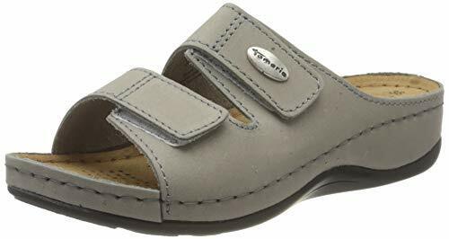 Tamaris 27510 Wide Fit Grey Leather Mule Sandals Raised Sole Touch Fasten