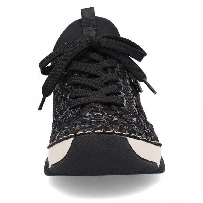 Rieker Antistress 45973 Metallic Black Floral Slip On Fashion Trainer Shoes With Lace Up Adjustment