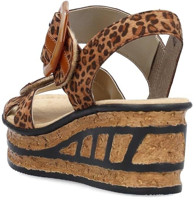 Rieker 68716 Ladies Brown Leopard Touch Fasten Mid Wedge Slingback Sandals