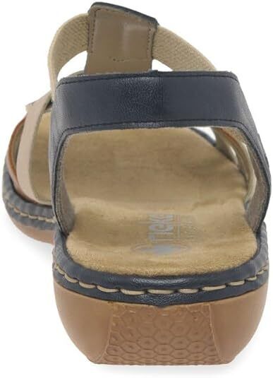 Rieker 65918 Ladies Navy/Tan/Beige Low Wedge Elasticated Slingback Sandals