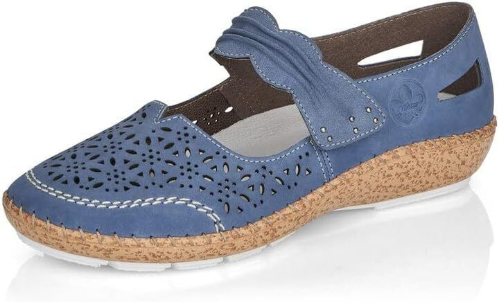 Rieker 44896 Ladies Wide Fit  Blue Perforated Leather Mary Jane Strap Shoes