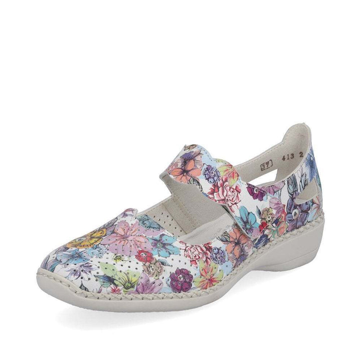 Rieker 413J2 Ladies Multi Floral Perforated Leather Mary Jane Wide Comfort Shoes