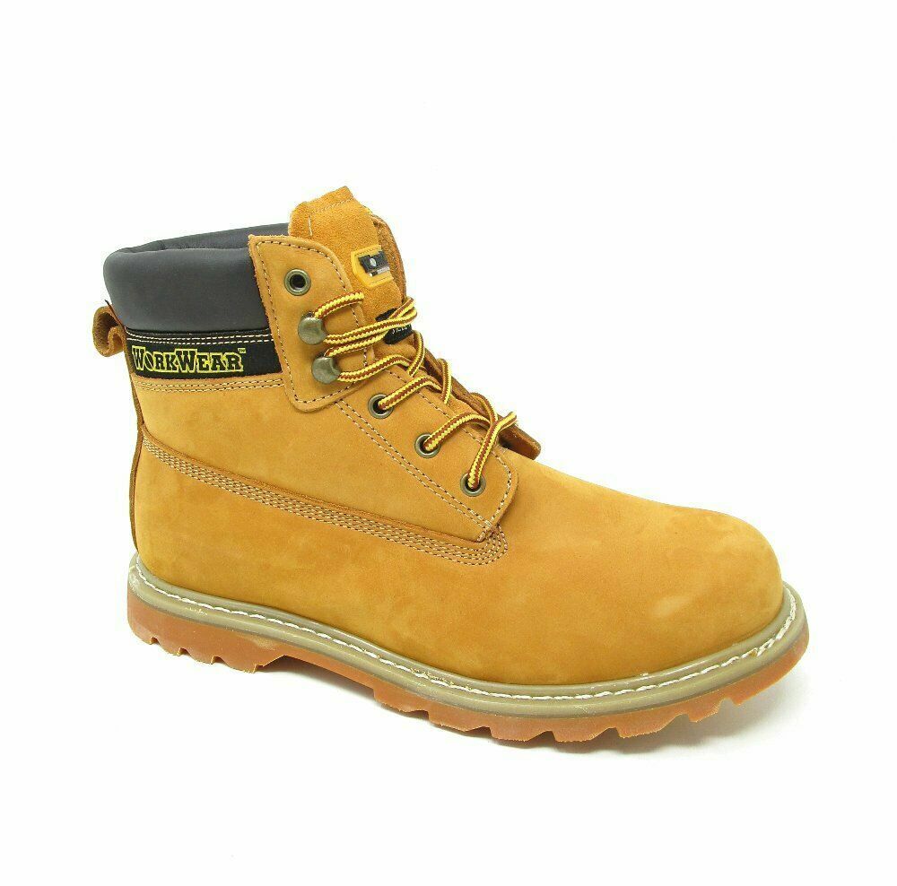 WORKWEAR MENS SAFETY BOOTS TAN HONEY LEATHER ANKLE STEEL TOE WORK SHOES