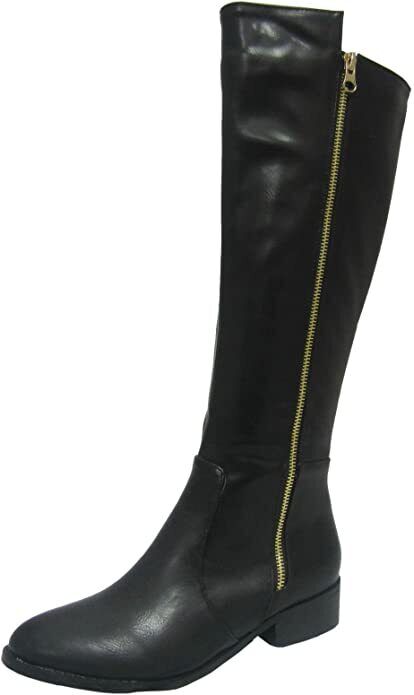 Spot On F50394 Ladies Black Knee High Boot Zip Fastening Synthetic Block Heel With Decorative Gold Zip