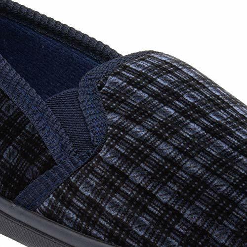 Jo & Joe Duke Mens Navy Blue Check Slippers Soft Velour Twin Gusset Full With Rubber Sole