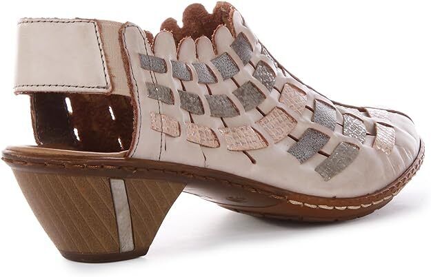 Rieker 46778 Ladies Beige Combi Interwoven Leather Slingback Block Heel Sandals