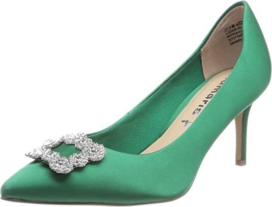 Tamaris 22430 Ladies Green Satin Vegan Stiletto Heel Diamante Jewel Court Shoes