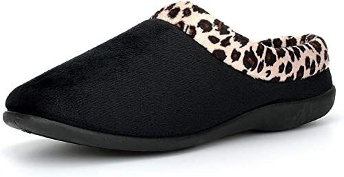 Sleepers LS801 Ladies Black Velour With Leopard Print Trim Memory Foam Mule Slippers