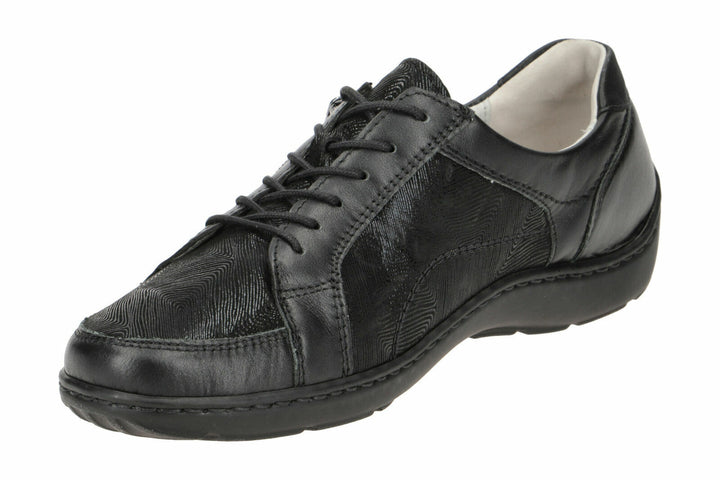 Waldlaufer Henni 496042 Black Embossed Leather WIDE FIT Flat Lace Up Shoes