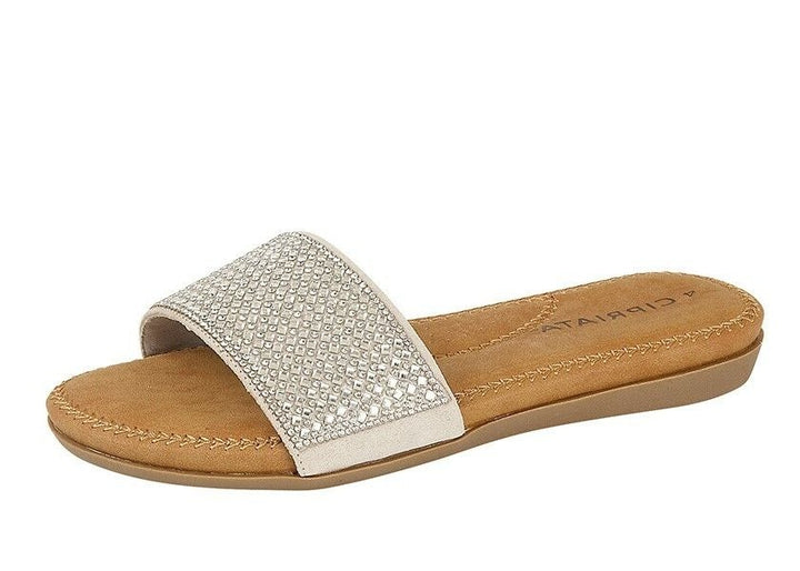 Cipriata Laura Silver Diamante Cushioned Mule Sliders Flip Flops Sandals (L017)