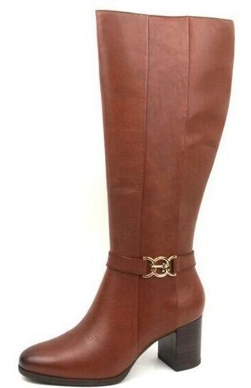 Tamaris 25551 Ladies Cognac Tan Leather Logo Buckle Zip Up Mid Heel Knee High Boots