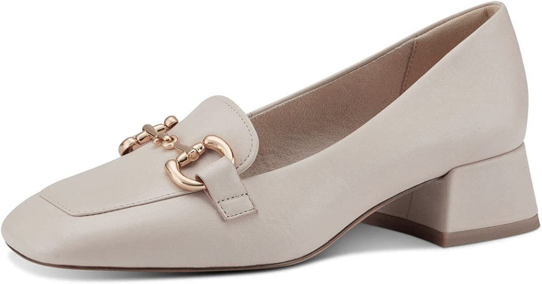 Tamaris  24303 Ladies Ivory Leather Block Heel Gold Snaffle Buckle Square Toe Court Shoe