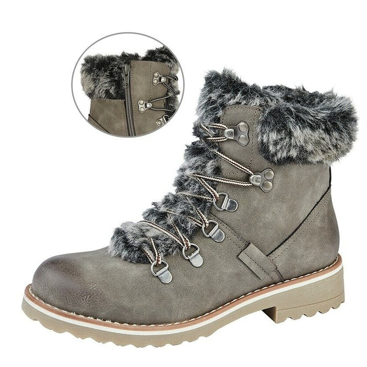 Cipriata L299 Womens Grey Faux Fur Collar Zip Up Combat Chunky Warm Ankle Boots