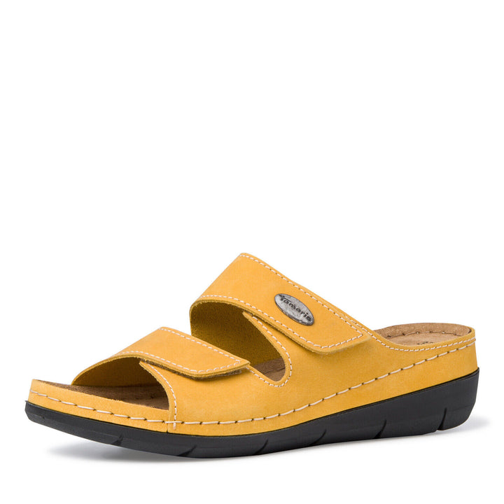 Tamaris 27510 Ladies Yellow Nubuck Leather Double Touch Fasten  Wide Fit Slider Mules Sandal