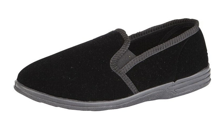 Zedzzz Ross Mens Black Soft Velour Twin Gusset Full Slippers With Rubber Sole