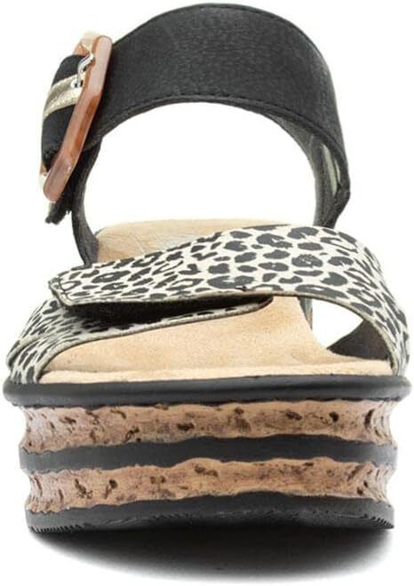 Rieker 68716 Ladies Black Leopard Touch Fasten Mid Wedge Slingback Sandals