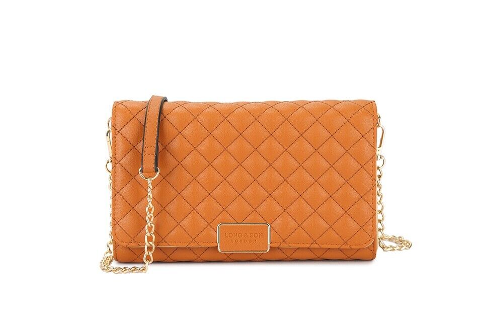 Long & Son Orange Quilted Clutch Handbag Crossbody Bag Strap Chain Card Pockets