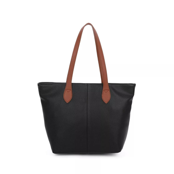 FAUX LEATHER MEDIUM TOTE SHOULDER/SHOPPING BAG WITH TAN STRAP AND ZIP FASTENING BLACK