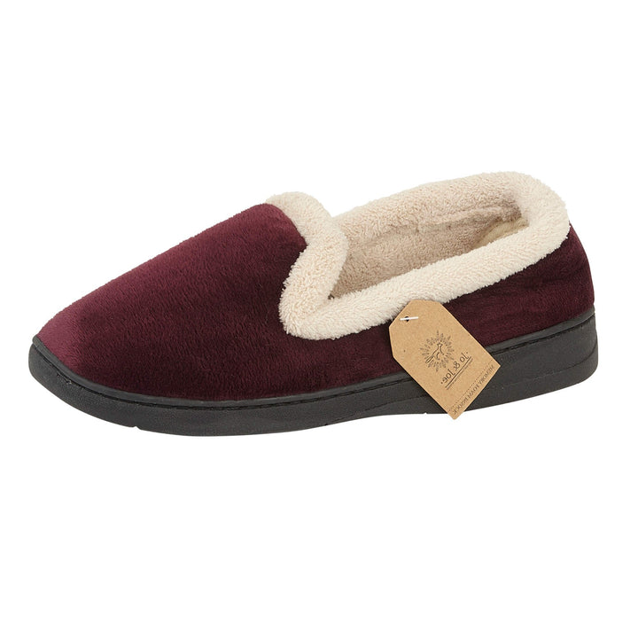 JO & JOE CASHMERE LADIES LIGHT WEIGHT SOFT VELOUR WARM LINED FLEECE TRIM HARD SOLE SLIPPERS BURGUNDY