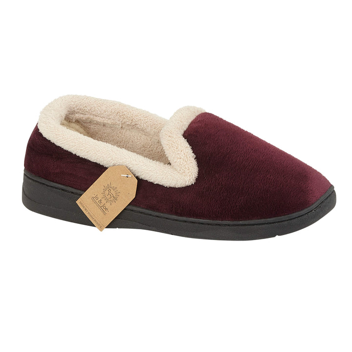 JO & JOE CASHMERE LADIES LIGHT WEIGHT SOFT VELOUR WARM LINED FLEECE TRIM HARD SOLE SLIPPERS BURGUNDY