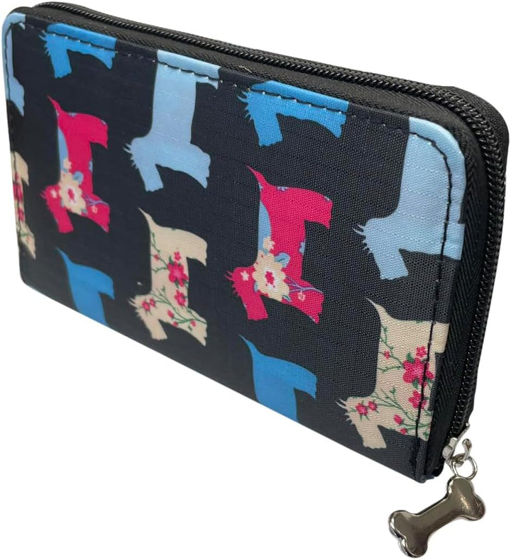 WOMENS MEDIUM ZIP AROUND BLACK PURSE SCOTTIE WESTIE DOG DESIGN COIN CASH CREDIT CARD ZIP