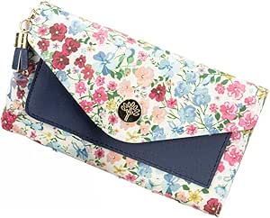 FOREST LADIES MEDIUM FAUX LEATHER WALLET PURSE CARD HOLDER PHOTO WHITE FLORAL/NAVY