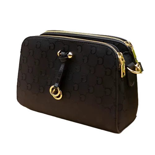 Designer Inspired Multi Pocket Cross Body Shoulder Handbag With Adjustable Strap And Gold Ring Detail Black