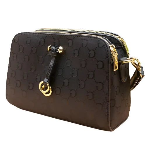 Designer Inspired Multi Pocket Cross Body Shoulder Handbag With Adjustable Strap And Gold Ring Detail Black