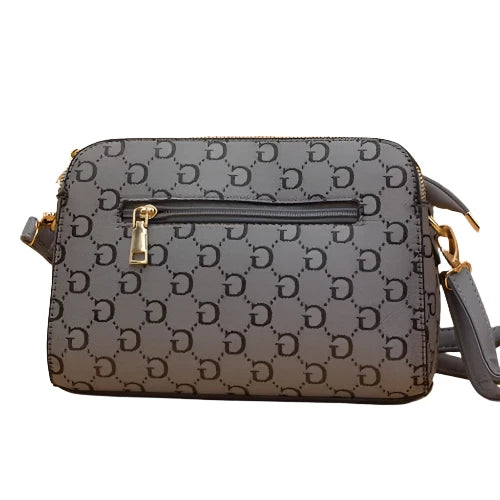 Designer Inspired Multi Pocket Cross Body Shoulder Handbag With Adjustable Strap And Gold Ring Detail Grey