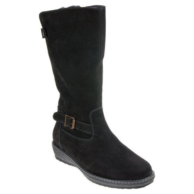 Waldlaufer Hoja Ladies Black Suede and Nubuck Leather Warm Lined Long Boots with Buckle and Zip