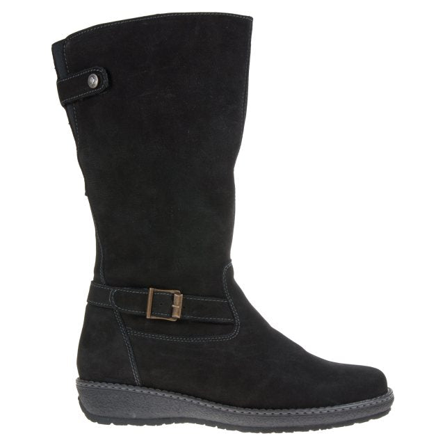 Waldlaufer Hoja Ladies Black Suede and Nubuck Leather Warm Lined Long Boots with Buckle and Zip