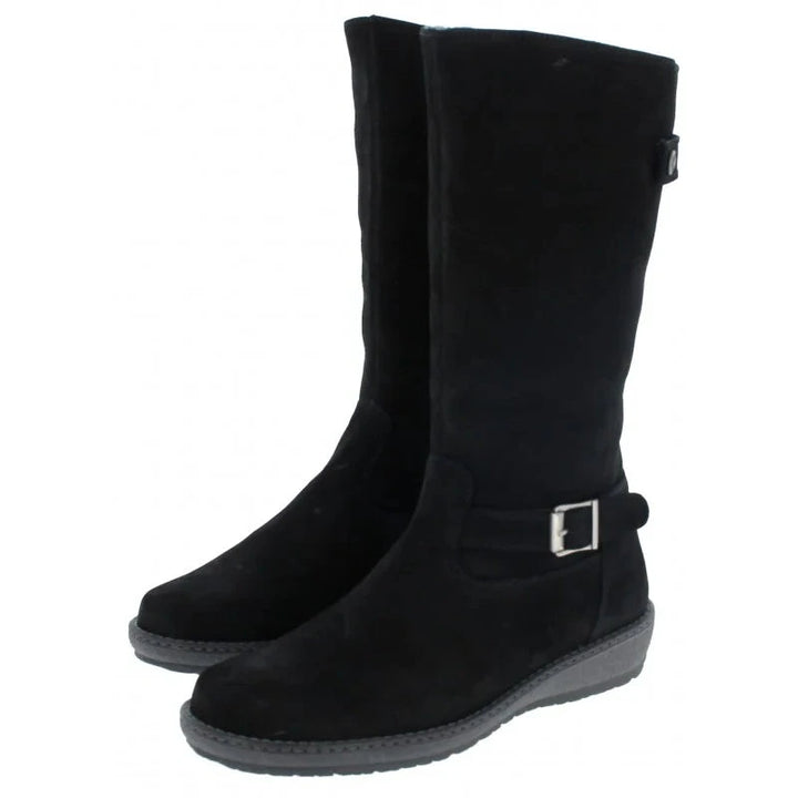 Waldlaufer Hoja Ladies Black Suede and Nubuck Leather Warm Lined Long Boots with Buckle and Zip