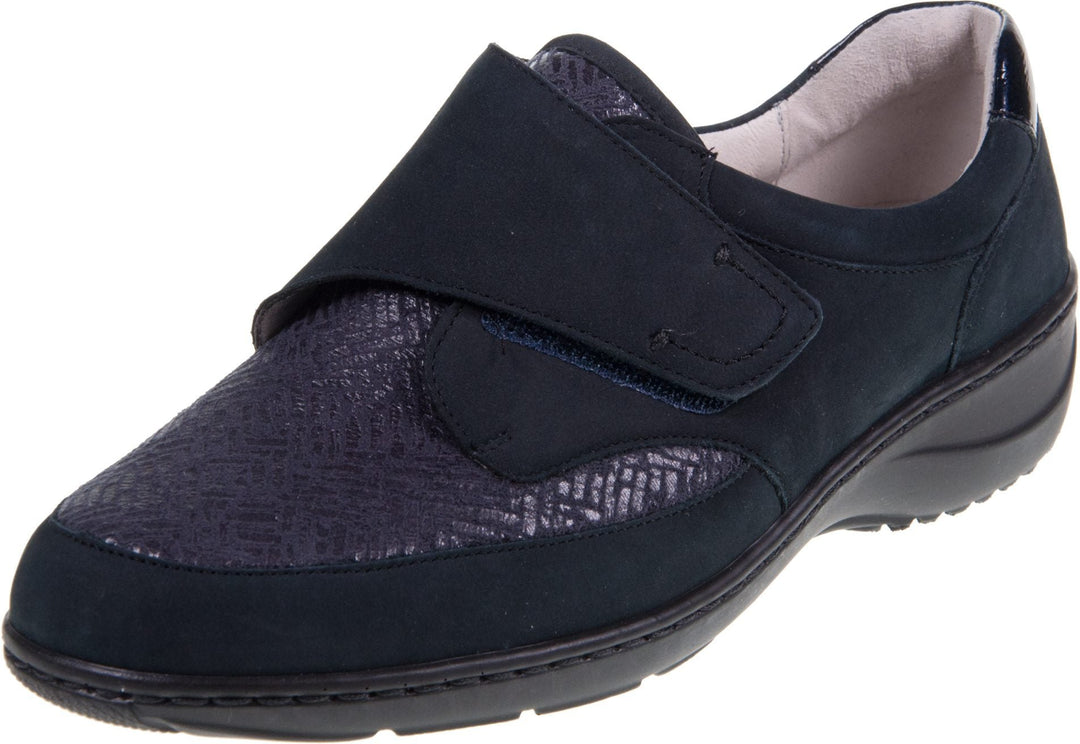 Waldlaufer Kya Wide Fitting Navy Nubuck Suede/ Stretch Orthoritt Walking Shoes With Velcro Fastening And Removable Insoles