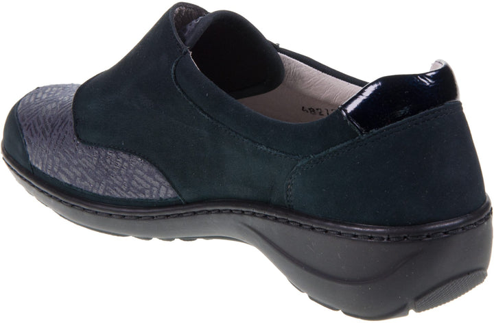 Waldlaufer Kya Wide Fitting Navy Nubuck Suede/ Stretch Orthoritt Walking Shoes With Velcro Fastening And Removable Insoles