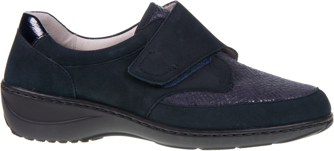 Waldlaufer Kya Wide Fitting Navy Nubuck Suede/ Stretch Orthoritt Walking Shoes With Velcro Fastening And Removable Insoles