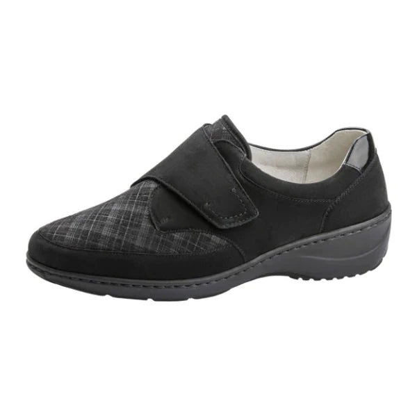 Waldlaufer Kya Womens Wide Fit Black Leather Nubuck Touch Fasten Crosshatch Shoe