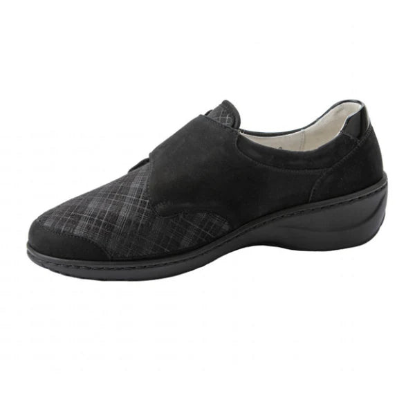 Waldlaufer Kya Womens Wide Fit Black Leather Nubuck Touch Fasten Crosshatch Shoe