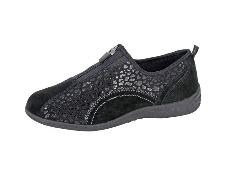 Boulevard L361 Ladies Black Suede Leather Perforated Floral Detail Zip Fastening On Walking Training Shoes