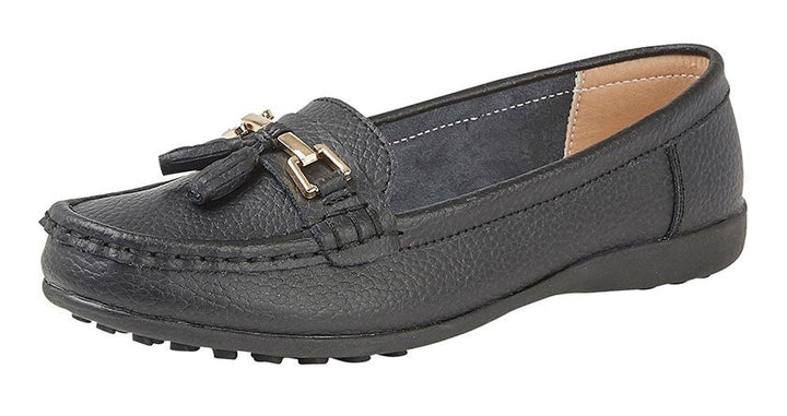 Boulevard L748 Ladies Black Leather Slip On Tassle Loafers Moccasin Flats