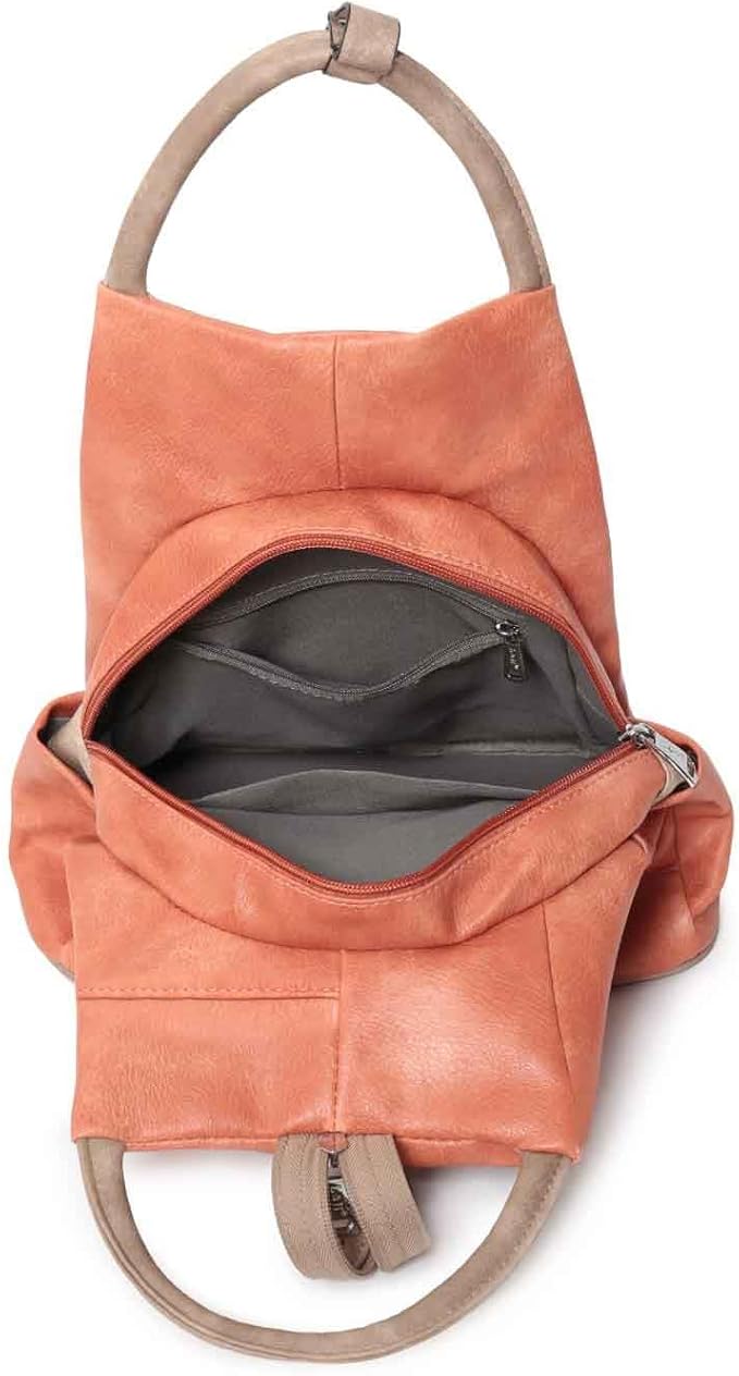 L&H LADIES FAUX LEATHER FASHION RUCKSACK WITH MULTIWAY STRAPS & POCKETS ORANGE/TAUPE