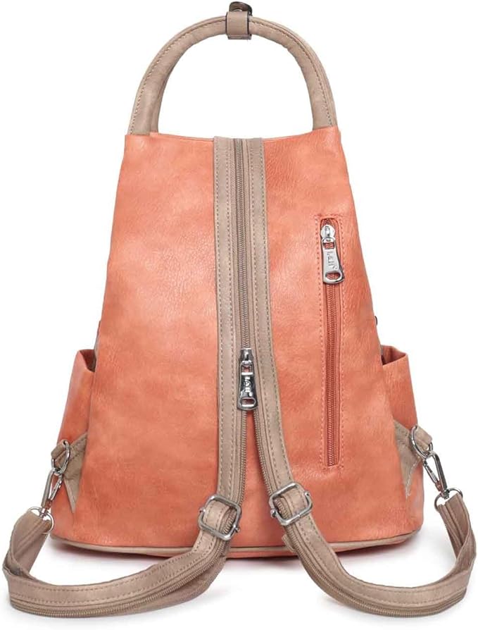 L&H LADIES FAUX LEATHER FASHION RUCKSACK WITH MULTIWAY STRAPS & POCKETS ORANGE/TAUPE