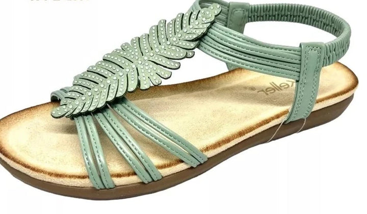 Dr Keller Leaf Womens Green Elasticated Slingback Leaf Details Summer Sandals