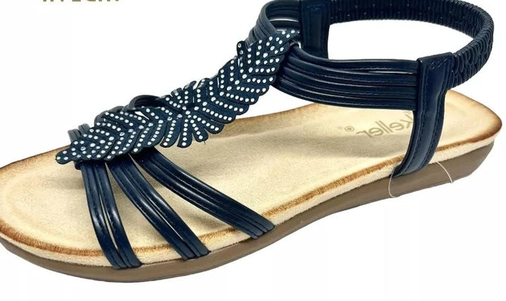 Dr Keller Leaf Womens Navy Elasticated Slingback Leaf Details Summer Sandals