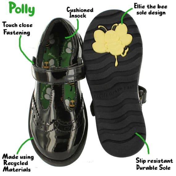 Little Green Feet Polly Girls Black Patent Vegan T Bar ECO FRIENDLY School Shoes