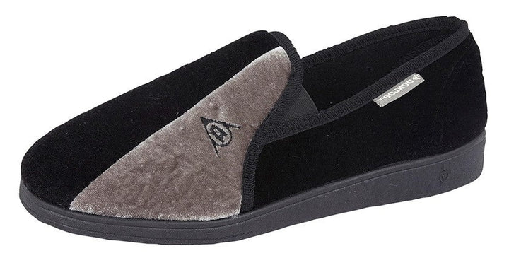 DUNLOP WINSTON MENS BLACK & GREY VELOUR TWIN GUSSET WASHABLE FULL SLIPPERS