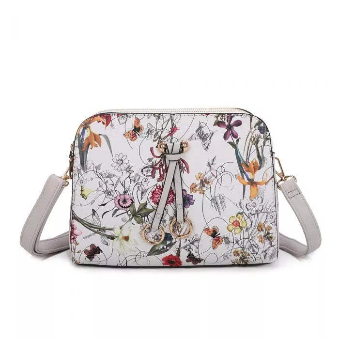 DESIGNER INSPIRED MULTI POCKET CROSS BODY SHOULDER HANDBAG WITH ADJUSTABLE STRAP AND GOLD RING DETAIL WHITE MULTI FLORAL